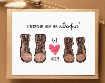 Personalized Card for Couple | Congrats on Your New Adventure | Wedding or Engagement | Hiking Boots | Outdoorsey Couple | Blank Inside