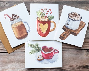 Christmas Greeting Card Pack | Eco Friendly Card Set | Holiday Drinks, Fall Cards Set, Watercolor Card Set