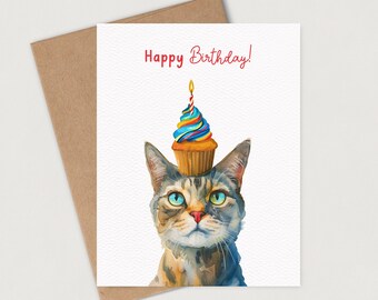 carte d&#39;anniversaire de chat | Carte de joyeux anniversaire | Cupcake chat | Blanc à l&#39;intérieur