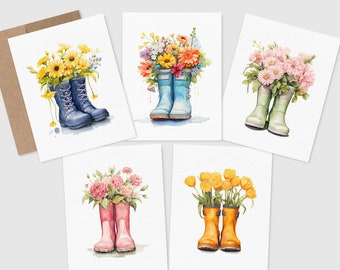 Ensemble de cartes de vœux bottes de pluie et fleurs | Jeu de cartes de jardin | Vide à l'intérieur