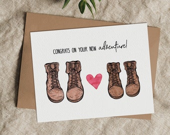 Card for Couple | Congrats on Your New Adventure | Wedding or Engagement | Hiking Boots | Outdoorsey Couple | Blank Inside