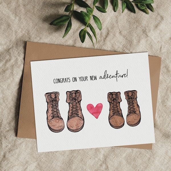Card for Couple | Congrats on Your New Adventure | Wedding or Engagement | Hiking Boots | Outdoorsey Couple | Blank Inside