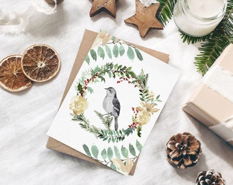 Winter Bird Card | Eco Friendly Card | Happy Holidays | Christmas Bird | Holiday Greenery | Mockingbird