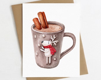 Hot Cocoa Card | Eco Friendly Happy Holidays Card or Card Set | Merry Christmas Drink | Watercolor Christmas Card | Holiday Art Card