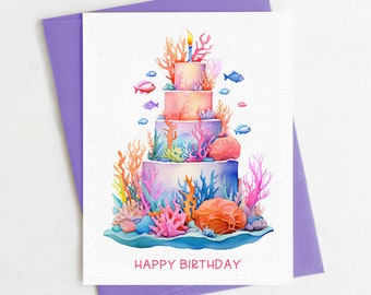 Ocean Birthday Card | Happy Birthday Card | Ocean Cake Birthday Card | Blank Inside