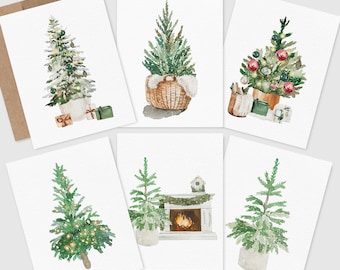 Holiday Trees Card Set, Recycled Greeting Cards, Card Pack, Christmas Cards, Winter Greenery | Blank Inside