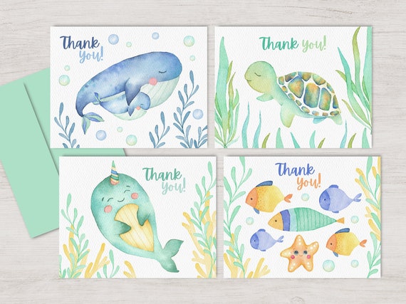 24 Ocean Thank You Cards With Envelopes - Under The Sea Note Cards With Marine Animal Stickers