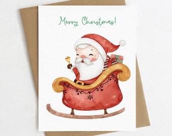 May include: A watercolor illustration of Santa Claus in a red sleigh with a gold bell in his hand. The text "Merry Christmas!" is written in green above Santa.