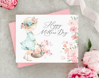 Floral Happy Mother's Day Card | Little Girl with Flowers | for Mom, For Grandma, For Sister, For Daughter | Blank Inside