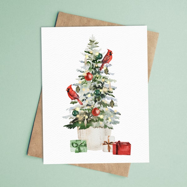 Christmas Tree with Cardinals Card Set | Holiday Note cards | Blank Inside