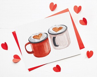 Valentine's Day Card | Eco Friendly Card | Heart Mugs | Hot Cocoa | Blank Inside
