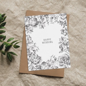 Wedding Congrats Card | Happy Wedding | Congratulations to the Newlyweds | Pencil Drawn Flowers