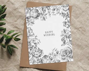 Wedding Congrats Card | Happy Wedding | Congratulations to the Newlyweds | Pencil Drawn Flowers
