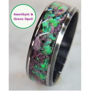 Amethyst & Green Opal Ring Wedding Ring Wedding Band Promise Ring Propoal Ring Engagement Ring Engagement Band Ring for Her Ring for Him