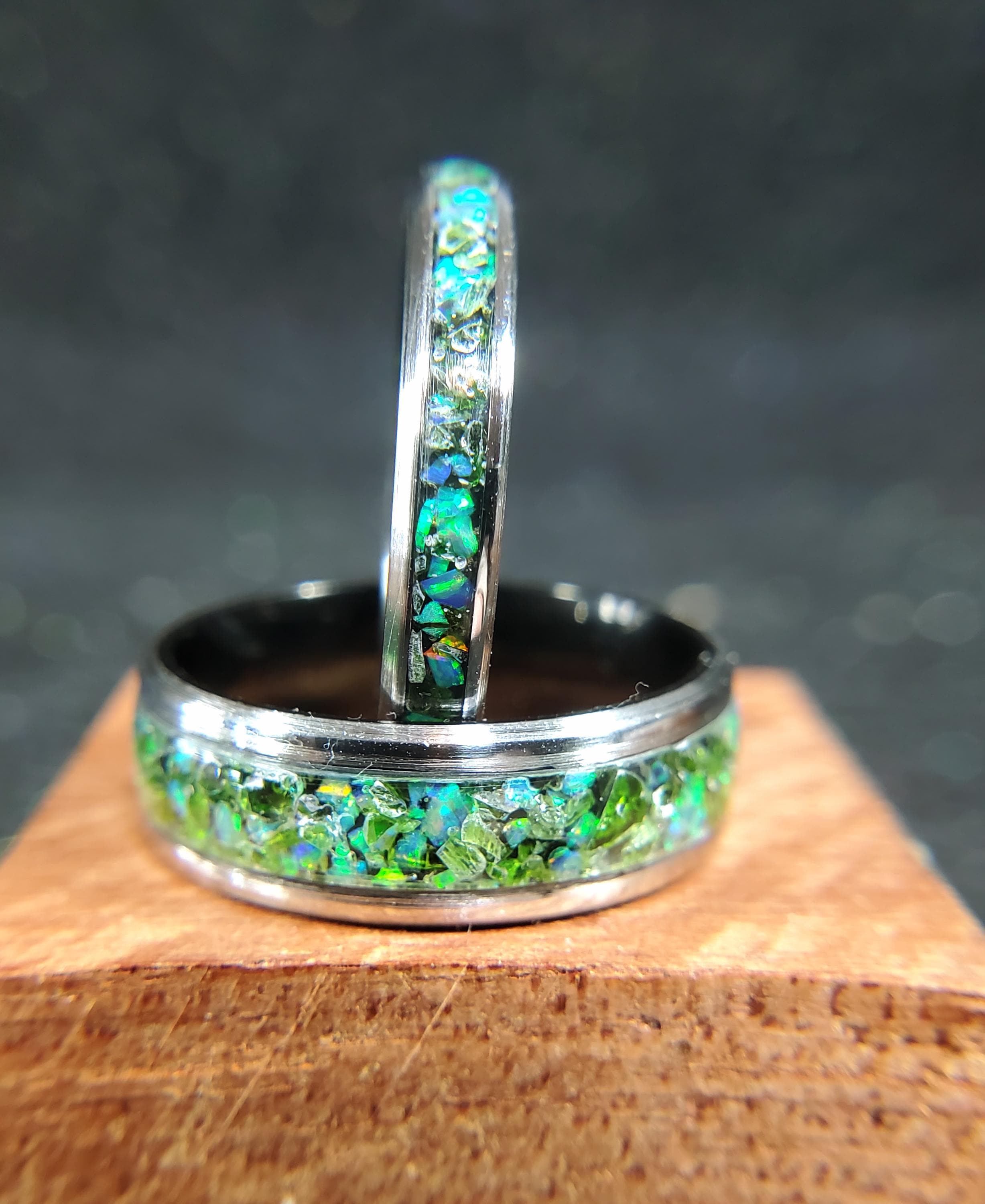 8mm 4mm Emeralds, Blue Opal Ring Wedding Ring Set Wedding Band