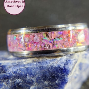 Amethyst & Rose Opal Ring Wedding Ring Wedding Band Promise Ring Propoal Ring Engagement Ring Engagement Band Ring for Her Ring for Him