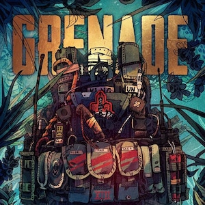 May include: A digital illustration of a heavily-laden backpack with a variety of pouches, straps, and accessories. The backpack is decorated with a variety of patches, including a patch with the text "UN" and a patch with the text "SEEK". The backpack is surrounded by lush green foliage.