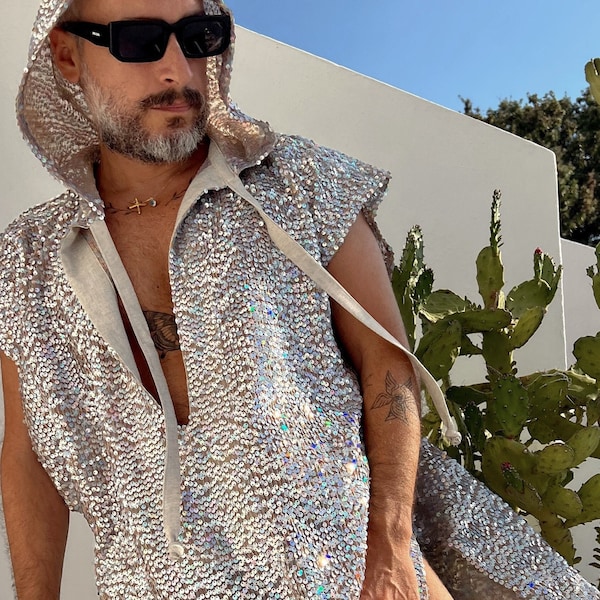 Silver Sequin Caftan Holographic for men, Burning Man Party Caftan pool party kaftan LGBT pride kaftan boho wedding kaftan Mens caftan HOOD