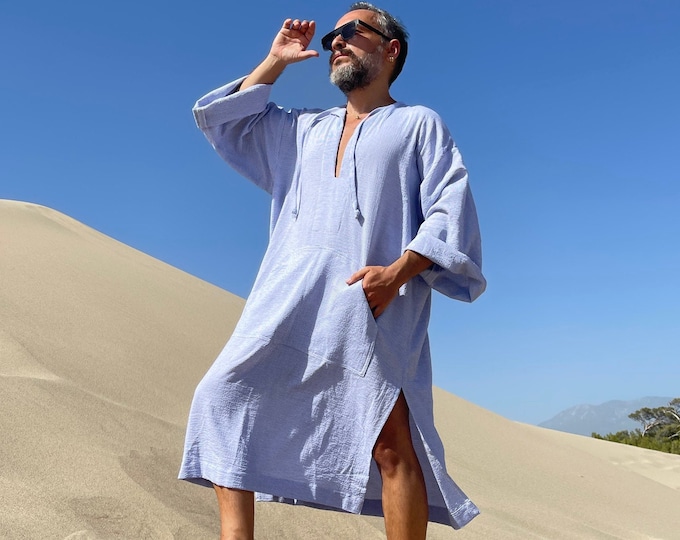 Mens caftan Linen Cotton Short Kaftan / robe for surfers / mid caftan  / nightgown -  pool party - plus size loose gym garment bamboo
