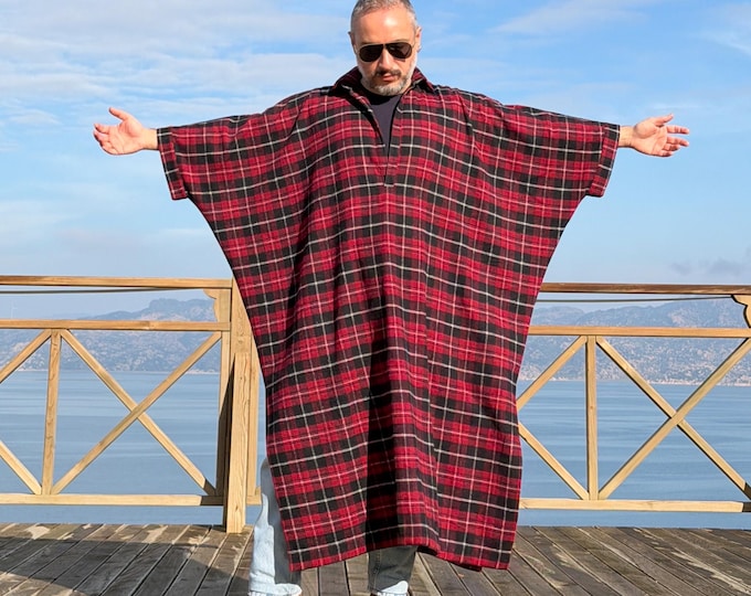 Mens Winter Tartan Plaid Flannel Caftan