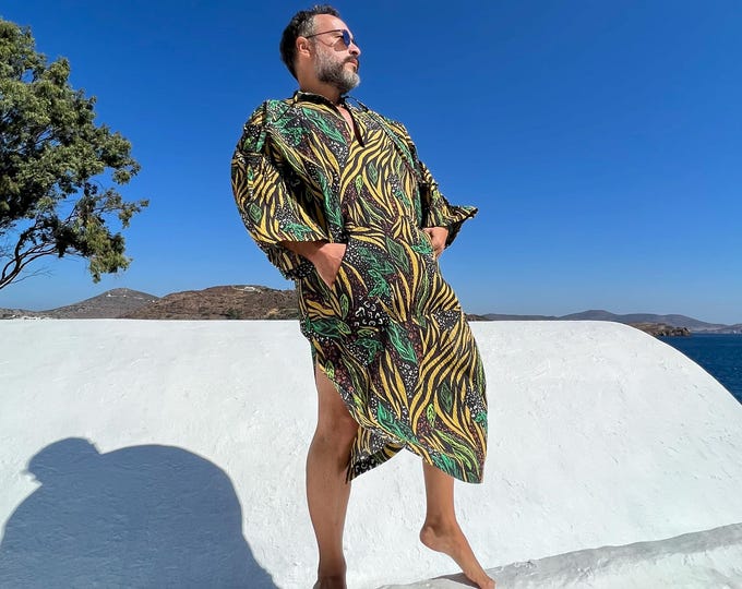 mens caftan seersucker fabric / green palm tree kaftan for men / greek style kaftan / loose mid caftan / kaftan for men
