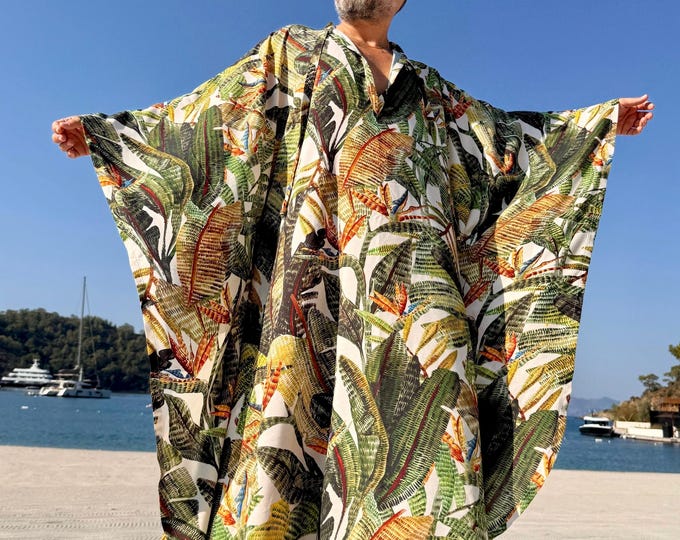 Mens caftan green viscose authentic CAFTAN for men /  greek style kaftan / loose kaftan / palm print caftan