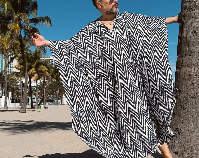 Viscose Men Caftan Pullover – Navy Blue White Zigzag Kaftan, Resort Wear, Beach Cover Up, Luxury Loungewear, Oversized Caftan for Men