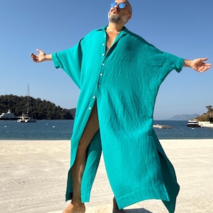 New! Shirt style Button down Caftan / Mens muslin caftan  /  cotton  authentic CAFTAN for men /  greek style kaftan / turquoise blue
