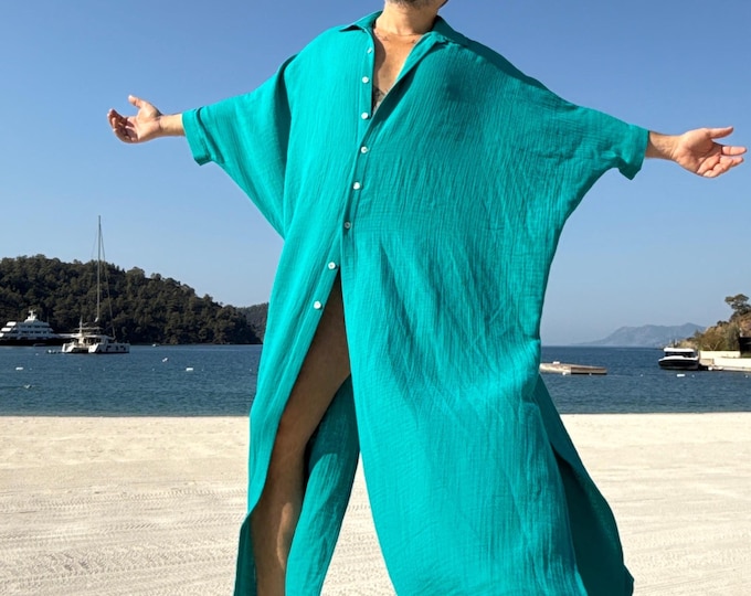 New! Shirt style Button down Caftan / Mens muslin caftan  /  cotton  authentic CAFTAN for men /  greek style kaftan / turquoise blue
