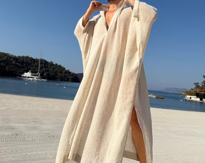 New Design ! Sheer caftan / Mens caftan Linen authentic CAFTAN for men / greek style kaftan / loose kaftan / band collar caftan
