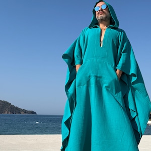 Mens muslin caftan with HOOD /  cotton muslin fabric authentic CAFTAN for men /  greek style kaftan / loose kaftan turquoise blue