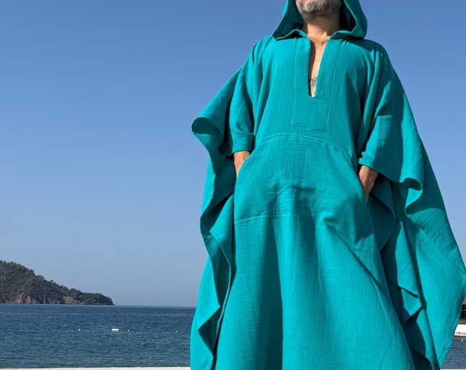 Mens muslin caftan with HOOD /  cotton muslin fabric authentic CAFTAN for men /  greek style kaftan / loose kaftan turquoise blue