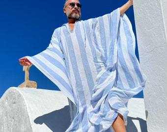 Mens caftan lightweight cotton gauze viscose authentic CAFTAN for men /  greek style kaftan / loose kaftan blue and white striped