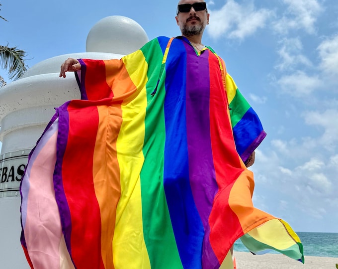Mens Caftan lgbt rainbow print caftan for men, kaftan tunic pool party , billowy dress plus size kaftan satin viscose caftan