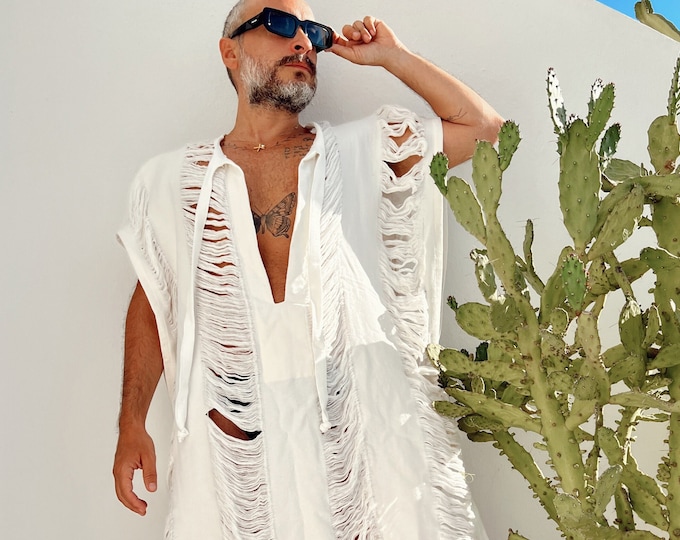 Burning Man Ripped Cotton Caftan boho chic tulum knit poncho Kaftan for men