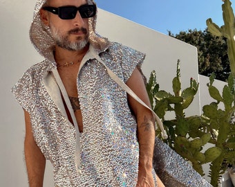 Silver Sequin Caftan Holographic for men, Burning Man Party Caftan pool party kaftan LGBT pride kaftan boho wedding kaftan Mens caftan HOOD