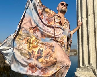 May include: A person wearing a long, flowing robe with a colorful print of a Renaissance-era painting. The robe is made of a silky fabric and has a loose, flowing fit. The person is standing in front of a stone column and is looking up at the sky.