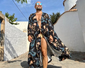 Mens Robe / long tunic kaftan   / Dragon Print Viscose  / mens loungewear / pool party garment / caftan / robe for men /