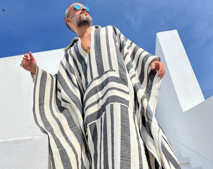 Mens muslin cotton kaftan with HOOD /  muslin fabric authentic CAFTAN for men /  greek style kaftan / loose kaftan gray striped