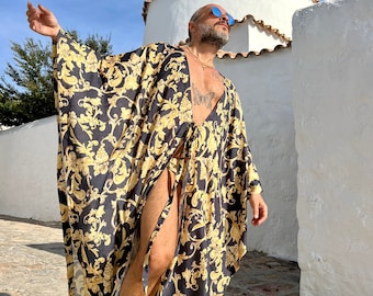 Mens Robe silky chiffon caftan , Robe caftan for men, kaftan festival clothing black gold ponchos burning man ancient roman style kaftan