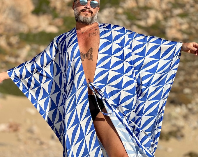 Mens Robe satin / long tunic kaftan / tile kimono  / tile pattern loungewear / pool party / caftan / robe for men blue white