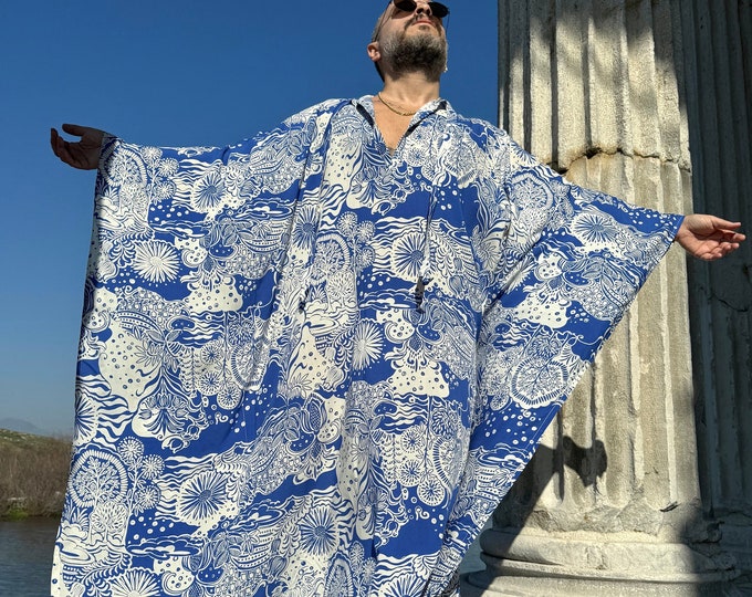Mens caftan blue viscose authentic CAFTAN for men /  greek style kaftan / loose kaftan blue and white floral print