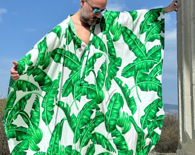 Mens caftan viscose authentic CAFTAN for men /  greek style kaftan / loose kaftan green  palm print