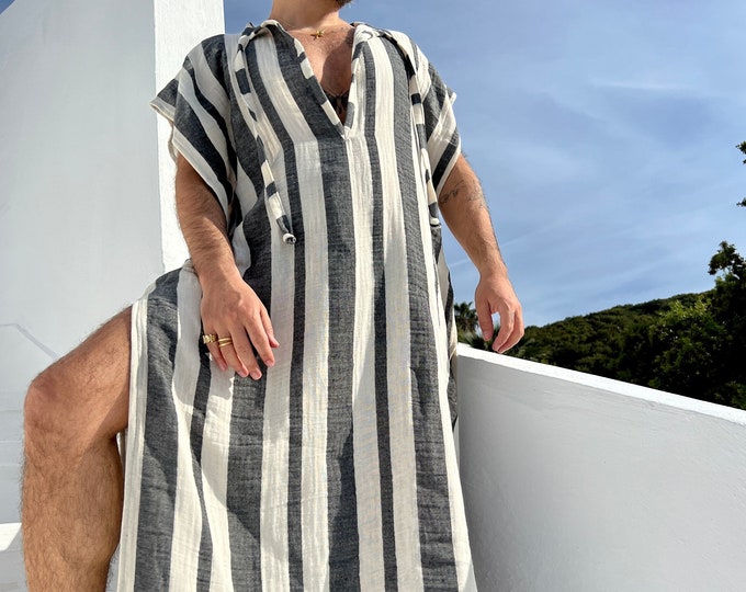 Mens kaftan , gray striped muslin Sexy caftan for men, kaftan, tunic pool party , festival clothing ponchos burning man