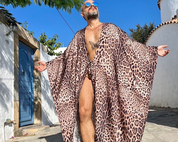 Leopard Mens Robe silky chiffon caftan , Robe caftan for men, kaftan festival clothing ponchos ancient roman style kaftan cheetah