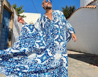 Mens Viscose Caftan Blue  majolica print caftan for men, kaftan tunic pool party , billowy dress plus size kaftan  caftan