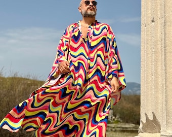 Mens caftan , rainbow viscose caftan for men, kaftan tunic pool party , plus size kaftan lgbt pride kaftan boho wedding kaftan