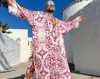 Mens Caftan Blue Red majolica print caftan for men, kaftan tunic pool party , billowy dress plus size kaftan satin caftan