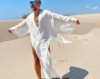 Mens Linen Caftan, Open Sleeve Tunic, Festival Clothing