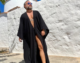 Mens cotton gauze caftan , Robe caftan for men, kaftan festival clothing black white ponchos burning man ancient roman style  caftan